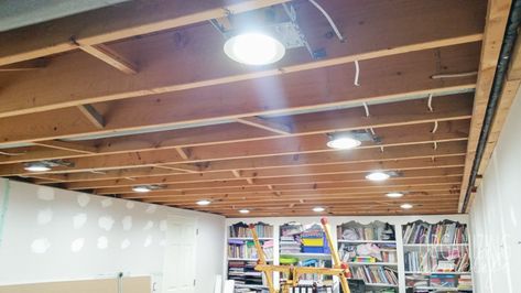 Installing Can Lights Ceilings, Lights For Basement Ceilings, Basement Open Ceiling Lighting Ideas, Can Lights Basement, How To Install Can Lights Diy, Lights For Unfinished Basement Ceiling, Led Lights Basement Ceiling, Unfinished Basement Lighting Ideas, Led Can Lights Ceilings