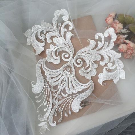 off white lace applique with sequins details in heart shape about : 31*29cm, perfect for wedding decor, hair accessories, dancing costume, jewelry design, bridal headpiece, bag, home decor, and all kinds of fashion design.My shop link,https://www.etsy.com/shop/lacejamila?ref=seller-platform-mcnavAbout the shipping,If you select shipping by gereral shipping, usually needs about 7-20 business days, some remote country need more time.If need fast shipping pls message me will motify express freight Gown Applique, Wedding Cales, Dress Applique, Wedding Applique, Beautiful Bridal Dresses, Veil Accessories, Embellishment Diy, Wedding Projects, Gown Bridal