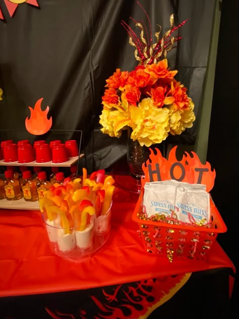 Fire Themed Gifts, Hot Sauce Themed Party, Flame Party Decorations, Hot Ones Party, Red Hot Bachelorette Party, Chilli Party, Fir Pit, Hot Chocolate Packets, Fire Party