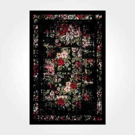 Bungalow Rose Halyn Cotton Indoor/Outdoor Area Rug with Non-Slip Backing | Wayfair Pink And Black Rug, Dark Moody Area Rug, Dark Moody Rug, Dark Floral Rug, Soft Goth Home Decor, Moody Area Rug, Whimsigoth Rug, Black Rug Living Room Decor, Funky Rugs Living Room