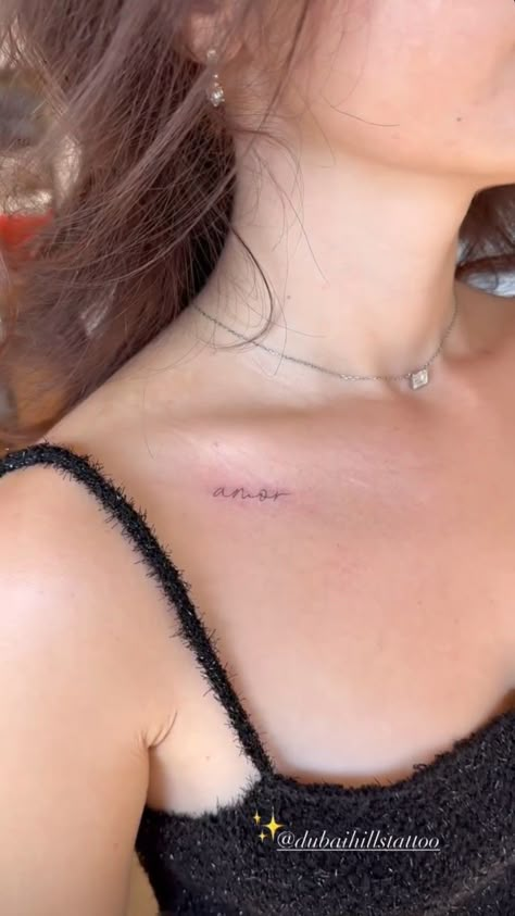 Tattoos On Collarbone For Women, Tattoo In Clavicle, Word On Collar Bone Tattoo, Dainty Tattoos On Collar Bone, 444 Tattoo On Collarbone, One Word Collar Bone Tattoo, Collar Bone Tattoo For Women Minimalist, Date Tattoo Collar Bone, Small Tattoo Idea Placement