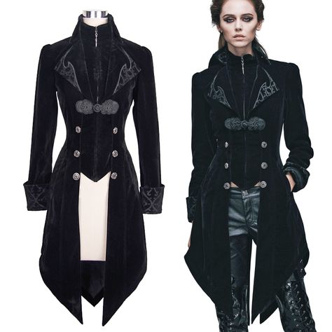 Devil Fashion Ladies Gothic Velvet Frock Coat | BOUDOIR NOIR Goth Coat, Steampunk Coat, Black Velvet Coat, Gothic Coat, Steampunk Dress, Steampunk Women, Unique Jackets, Style Steampunk, Vintage Goth