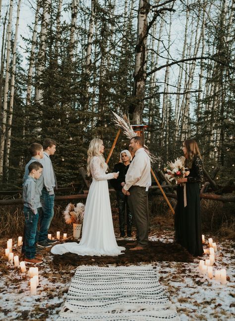 Arch ideas, Wedding arches, Boho Wedding, Elopement Ideas, Whitefish Montana, Glacier National Park Elopement, Winter Elopement, Elopement Ideas, Wedding Inspiriation, Wedding Rugs, Pampas Grass on Arch, Candle lit ceremony Boho Elopement Decor, Elopement Ideas Decoration, Winter Wedding Elopement Ideas, Boho Winter Elopement, Elopement Ideas Winter, Simple Wedding Elopements, Montana Elopement Ideas, Forest Elopement Ceremony, Mountain Wedding Elopement