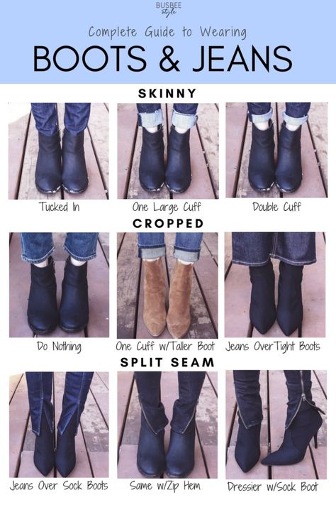 Wearing Boots with Jeans | How to wear ankle boots with every pair of jeans including skinny, cropped, split hem, zipper hem and kickflare Jeans To Wear With Boots, Boots With Jeans, Busbee Style, Boots And Jeans, Ankle Boots With Jeans, How To Wear Ankle Boots, Look Boho Chic, Stile Preppy, Boots Outfit Ankle