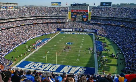 This is the once known Qualcomm Stadium home to the "San Diego Chargers." This fits into the environmental graphic design category because it is example of stadium branding. Nfl Football Stadium, San Diego Chargers Football, Giants Stadium, Chargers Football, Nfl Stadiums, American Football League, San Diego State University, Petco Park, Football Stuff