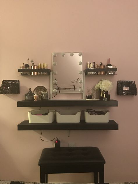 Vanity made with floating shelves. Simple Vanity Shelf, Diy Wall Vanity Makeup Floating Shelves, Floating Shelf Vanity Diy, Diy Vanity Shelves, Floating Shelves Vanity, Floating Vanity Bedroom, Shelf Makeup Vanity, Vanity Floating Shelves, Vanity Ideas Bedroom Small