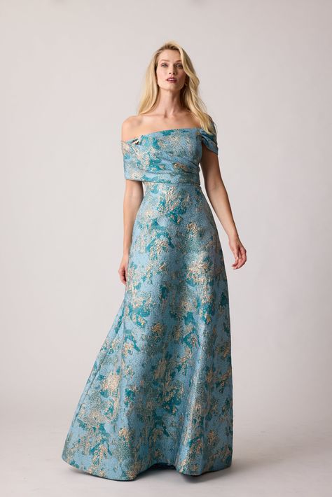 Jacquard One Shoulder Side Ruffle Gown | Teri Jon – Terijon.com Jacquard Gown, Ruffle Gown, Off Shoulder Gown, Teri Jon, Large Floral Print, Floral Print Skirt, Metallic Fabric, Stretch Crepe, Bride Dresses