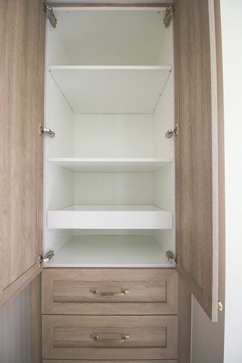 Built In Linen Closet Bathroom Ikea, Inset Linen Closet, Ikea Besta Linen Closet, How To Build A Linen Cabinet, Linen Cabinet Laundry Room, Large Bathroom Cabinet Ideas, Rustic Primary Bathroom, Linen Closet Plans, Bathroom Built In Closet