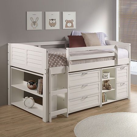 The louvered low loft bed makes a small room fun, with large under bed area for storage or play. The louvered design is timeless and can make a room easy to decorate and give it a warm inviting look. The 3-drawer chest adds storage under the louvered low loft bed. The 2-drawer chest has deeper drawers for larger items storage, and a small shelf beside it. The large bookcase adds storage at the foot of the bed.Included: 1 Loft Bed(s)Features: Storage, Under Bed Storage, Quick ShipJoinery: Screwed Low Loft Bed, Large Bookcase, Low Loft Beds, Make A Room, Small Bookcase, Twin Loft Bed, Small Shelf, Low Loft, Twin Mattress Size