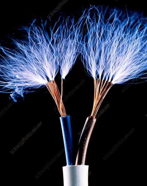 Electrical wires. Sparks coming from exposed electrical wires. Seen here are the neutral wire (blue insulation) and the live wire (brown insulation). Electric Wire Art, Electric Wires Aesthetic, Electrician Aesthetic, Electricity Aesthetic, Exposed Electrical, Electric Aesthetic, Electrical Logo, Organic Mechanic, Glow Photography