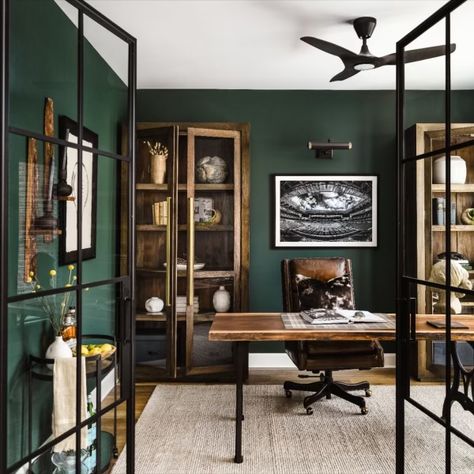 Dark Green Office Cabinets, Dark Wall Office Ideas, Small Manly Office, Traditional Masculine Office, Moody Dark Green Home Office, Mad Men Inspired Office, Charleston Green Office, Mid Century Industrial Office, Masculin Interior Design