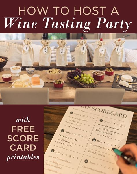 Hosting a Wine Tasting Party (with free printable scorecard!) - Jenna Sue Design Wine Tasting Cards Printable Free, Blind Wine Tasting Party Printables, Wine Tasting Table Setting, Wine Tasting Food Pairings, Hosting A Wine Tasting Party, Blind Wine Tasting Party, Wine Tasting Card, Wine Party Appetizers, Wine Tasting Food