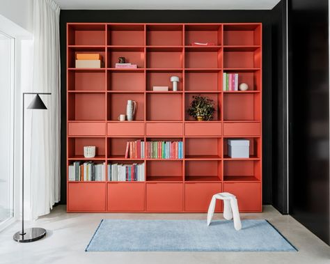 Lots Of Shelves, Red Bookcase, Traditional Bookcases, Books At Home, Bookcase Ideas, Monochromatic Room, Bookcase With Drawers, Large Bookcase, Bookcase Decor