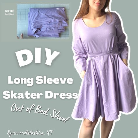 Refashion Co-op: Diy Long Sleeve Skater Dress Skater Dress Pattern Free, Skater Dress Pattern, Skater Dresses Pattern, Diy Thrift Flip, Sparrow Refashion, Long Sleeve Skater Dress, Dress Patterns Free, Thrift Flip, Clothes Sewing