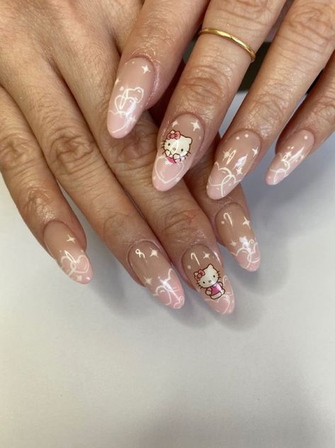 Sanrio Nails Almond Shape, Valentines Day Nails Korean, Erika Titus Nails, Nails Designs Oval, My Melody Nail Art, Uwu Nails, New Jeans Nails, Kirby Nails, My Melody Nails