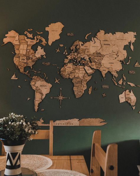 Express your wanderlust in a unique way! Capture memories from your past journeys by adorning our World Map. Whether it's your home or office, our 3D world map complements any interior style, whether it be contemporary, industrial, transitional, minimalistic, rustic, or any other. Got a blank wall? That's all you need to elevate your decor effortlessly. Our wooden world map wall art makes for an exceptional gift for Christmas, Birthdays, Anniversary, Thanksgiving, Housewarmings, or any special o World Map With Pins, Travel Room, New Apartment Gift, World Map Wall Decor, Wooden World Map, Push Pin World Map, Large Wood Wall Art, Modern Centerpieces, World Map Decor