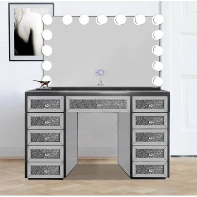 This gorgeous Hollywood style mirror is the perfect mirror for doing makeup, and getting ready. The bright bulbs have a dimmer on the side so you can find your perfect setting. Top it off by connecting a device to bluetooth mode on the mirror and jam to your favorite artist while getting ready. The perfect addition to our makeup-Vanity desks or simply hang it on the wall! This makeup-Vanity will be the center of attention as its eye-catching modern chic look will make you feel like your on a mov Vanity Desks, Hollywood Style Mirror, Doing Makeup, Hollywood Vanity, Vanity Bedroom, Hollywood Lights, Bedroom Makeup Vanity, Gray Vanity, Hollywood Mirror