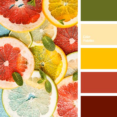 bright yellow, color matching, color of citrus, color of grapefruit, dark green color, green color, maroon color, olive color, pale yellow color, red color, saturated red color, sunny yellow color, yellow shades. Color Palette For Home, Flat Bedroom, In Color Balance, Pantone 2017, Palettes Color, Color Concept, Color Palette Ideas, Orange Color Palettes, Colors Matching