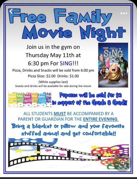 Pto Movie Night Ideas, Pto Fundraising Ideas, Pta Fundraising Ideas, Movie Night Fundraiser, Fundraiser Ideas School, Student Council Activities, Movie Night Flyer, Pta Board, Pto Board