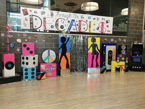 70s Themed School Dance, 70s Pep Rally Theme, Homecoming Decades Theme, Decade Dance Decorations, Disco Hallway Decorations, 70s Homecoming Theme, Decades Theme Party Decoration, 70s Party Backdrop, 70s Stage Design