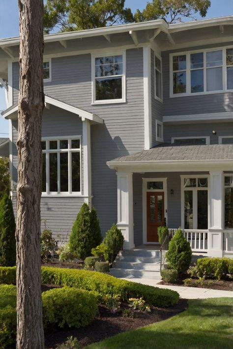 Enhance your gray home with these 9 must-have exterior paint colors, curated for the perfect touch by an interior designer's daily routine. #ad   Read MORE ABOUT 9 Must-Have Exterior Paint Colors That Perfectly Complement Gray Homes   Exterior paint colors, Exterior paint ideas, House painting, Home exterior colors, Gray house colors Light Grey House Shutter Color Ideas, Green Gray Exterior House Colors, Grey House Shutter Color Ideas, Gray Houses With White Trim, Painting Home Exterior, Intellectual Gray Exterior, Gray House White Trim, Light Grey Exterior House Colors, Gray Exterior House Colors