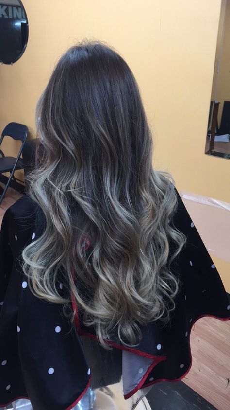 Curly long ash blond ombre hair Balayage Blonde On Black Hair, Black White Ombre Hair, Black To Light Brown Hair Ombre, Dark Hair With Colored Ends, Ombre Highlights For Black Hair, Ash Brown On Dark Hair, Ash Grey Ombre Hair, Dark Brown Hair With Blonde Ends, Cool Balayage On Dark Hair