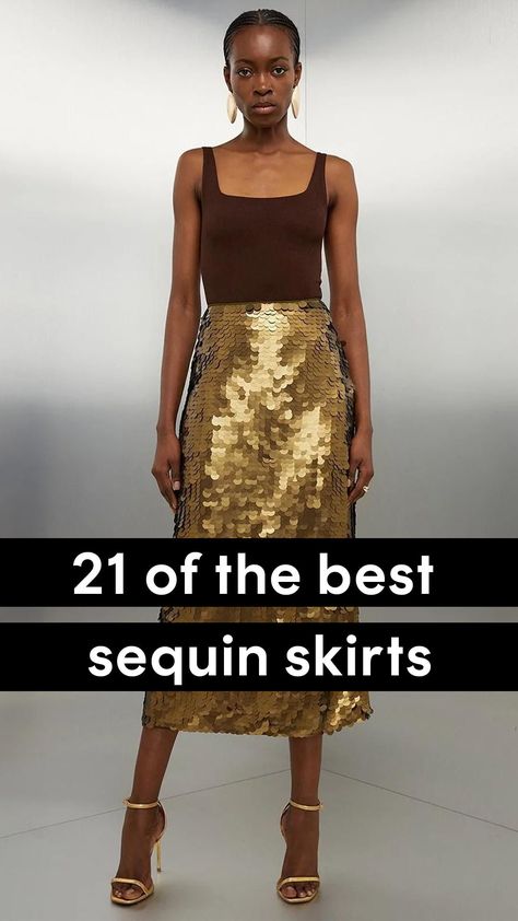 You might not immediately think of sequin skirts as a winter must-have – but with party season and Christmas just around the corner, they feel like a true wardrobe essential. Sequin skirts are way more versatile than you may first suspect: a midi can be dressed down with T-shirts and trainers for daytime looks or a wrap style can double as a beach cover-up (if you're off to catch some winter sun). We're here to help out with styling tips in our edit! Credit: Karen Millen Sequins Midi Skirt Outfit, Grey Sequin Skirt Outfit, Black Sequin Skirt Outfits, Midi Sequin Skirt, Sparkly Midi Skirt Outfit, Holiday Sequin Skirt Outfit, Black Sequin Pencil Skirt Outfit, Cream Sequin Skirt Outfit, Style A Sequin Skirt