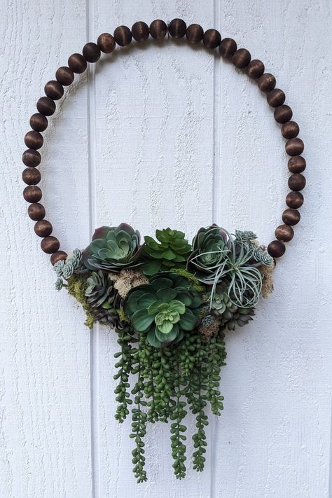 "Brighten your front door or any space with this modern farmhouse faux succulent beaded hoop wreath. These one-of-a-kind handmade wreaths are made to order and are sure to bring just the right balance greenery and textures for any boho, modern chic or modern farmhouse styled home.  > All wreaths are MADE TO ORDER. Succulent placement will vary but will have an overall visual of photos shown. Type/size/number of succulents will vary depending on availability, but wreaths will still have the same Beaded Wreaths Diy, Year Round Wreaths For Front Door, Beaded Wreath Ideas, Beaded Wreath Diy, Boho Wreaths For Front Door, Succulent Decor Ideas, Boho Front Door Decor, Boho Door Wreath, Beaded Hoop Wreath