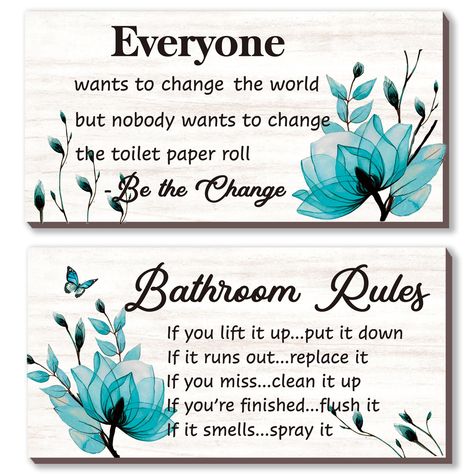 PRICES MAY VARY. Elevate Your Bathroom Decor with a Set of 2: charming bathroom rule wall decor pieces, each adorned with a captivating teal flower background and a delightful phrase, like "Bathroom rules" Suitable for a cohesive and stylish bathroom upgrade. Ideal Dimensions for Bathroom Elegance: Crafted at an ideal size of 12 x 6 inches, our bathroom rule signs strike the right balance between visibility and subtlety. Hang them effortlessly on your toilet wall, creating a focal point that add Toilet Wall Decor, Bathroom Toilet Wall, Sign For Bathroom, Bathroom Rules Sign, Charming Bathroom, Flower Bathroom, Teal Bathroom Decor, Bathroom Flowers, Purple Bathroom Decor