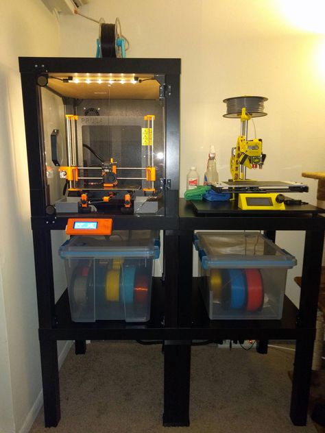 Ikea Lack enclosures are awesome. #3dprintingnews Printer Station, Printer Desk, 3d Printer Enclosure, Printer Storage, Printer Cabinet, Ikea Lack, 3d Printer Designs, Printer Stand, 3d Printing Diy