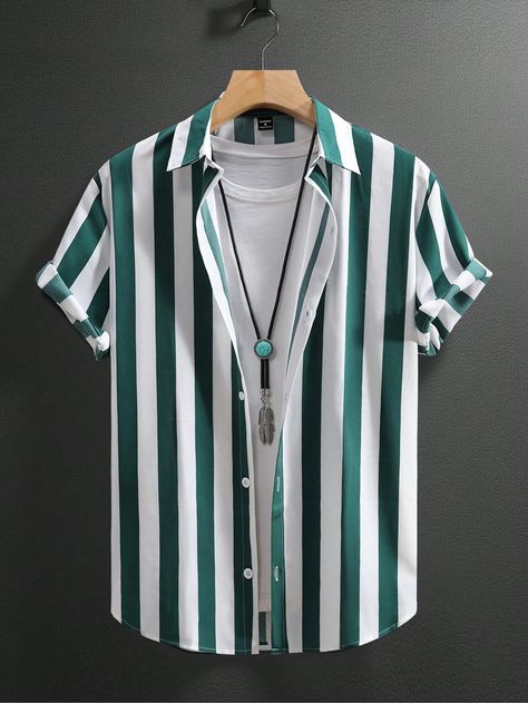 Multicolor Casual Collar Short Sleeve Fabric Colorblock,Striped Shirt Embellished Non-Stretch Summer Men Clothing Mens Summer Shirt Outfit, Shirts For Men Designer Casual, Hair Look Boy, Stylish Street Style, Striped Shirt Men, African Shirts For Men, Suits Men Business, Classy Outfits Men, Business Casual Shirts