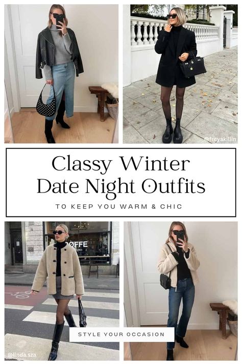 feel Girls Night Winter Outfit, Rainy Dinner Date Outfit, Work Dinner Outfit Winter, Cold Spring Date Night Outfit, Winter Date Night Outfit 2024, Winter Lunch Outfit Ideas, Winter Evening Outfits Classy, Cold Weather Date Night Outfit Classy, Winter Dinner Outfit Night Classy Chic