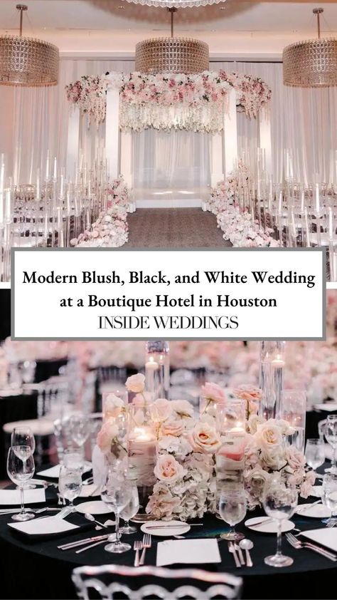 Discover a stunning modern blush, black, and white wedding in Houston! From chic floral arrangements to sophisticated decor, this celebration blends timeless beauty with contemporary flair. Perfect for brides-to-be seeking fresh wedding inspiration. Explore the breathtaking photos and let your planning journey begin! 💍✨ Black And Blush Wedding, Chic Floral Arrangements, Blush Pink And Black Wedding, Blush Wedding Reception, 2026 Wedding, Blush Wedding Theme, Myrtle Beach Wedding, Bridal Party Flowers, Inside Weddings