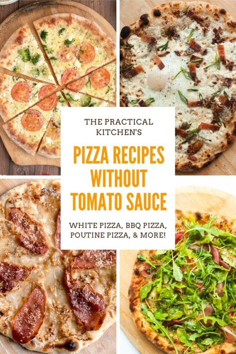 Unique Pizza Recipes, The Practical Kitchen, Tomato Pizza Sauce, Mediterranean Pizza, White Pizza Sauce, White Pizza Recipes, Creative Pizza, Breakfast Pizza Recipe, Unique Pizza