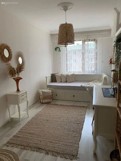 a tiny boho bedroom with a bed with storage, a vintage desk, a small cabinet, a pendant lamp and boho decor Guest Bedroom Home Office, Small Guest Bedroom, Living Room Decor Farmhouse, Room Decor Cozy, Room Decor Farmhouse, Ikea Bed, Living Room Living Room, Small Room Design, Hemnes