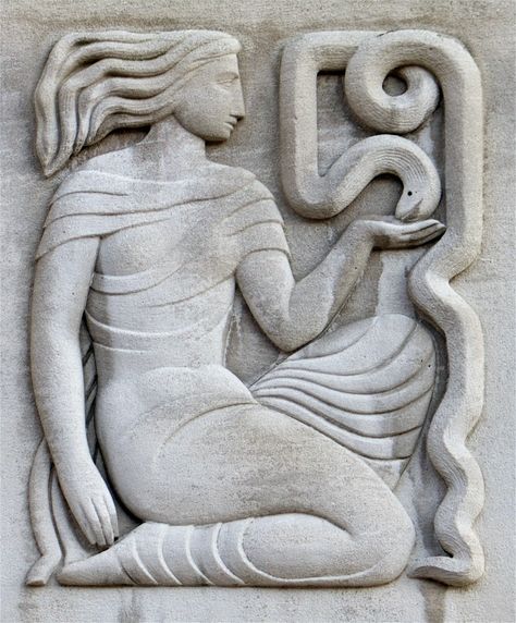 Asclepius, god of medicine, son of Apollo and the nymph Coronis, daughter of Phlegyas who lived at the foot of Mount Pelion, brought up by the wise centaur Chiron, is the most famous healer of diseases that plague people in antiquity, and the power arrives by raising the dead … Daughter of course, the Health .. Snake Charmer, Art Deco Sculpture, 1 Tattoo, Relief Sculpture, Arte Popular, General Hospital, Stone Carving, Art Plastique, Public Health