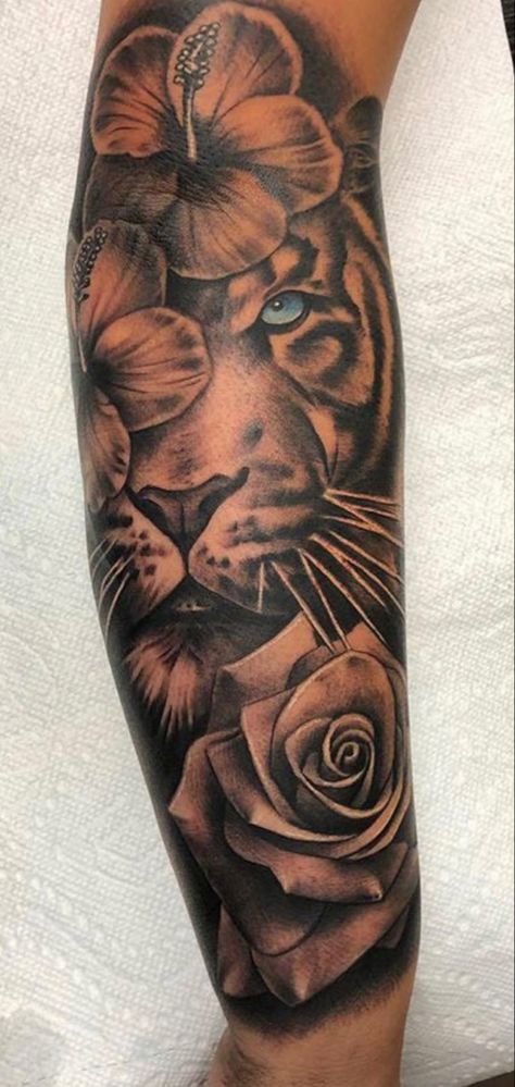 Lion Arm Tattoo Women Half Sleeves, Tiger Tattoo For Women Arm Sleeve, Leopard Print Flower Tattoo, Leo Mom Tattoo, Tiger Eyes Tattoo For Women Sleeve, Tiger Tattoo Sleeve For Women, Tattoo Ideas Female Cover Up Arm, Thigh Tattoos Women Tiger, Low Arm Tattoo