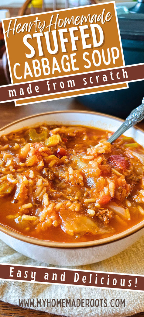 This Stuffed Cabbage Soup has all of the flavor of a pan of homemade stuffed cabbage without all of the work. Perfect for a weeknight or anytime you want a hearty yet easy meal. Soup Storage Ideas, Soup For The Week, Stuffed Cabbage Soup Crockpot Easy, Cabbage Soup With Tomato Juice, Cabbage Soup With Rice, Cabbage Kale Soup, Soups With Rice In Them, Soup Recipes With Tomatoes, Halupki Soup Recipe