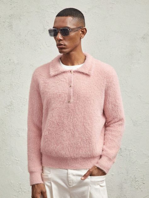 AKNOTIC Business Casual Men's Polo Collar Partial-Button Fluffy Knitted Casual Sweater, PinkI discovered amazing products on SHEIN.com, come check them out! Pink Pullover, Rose Bonbon, Casual Sweater, Business Casual Men, Round Neck Sweaters, Knitwear Men, Chunky Sweater, Casual Sweaters, Pullover Men