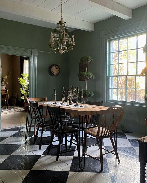 6 Greenery Scroll Stoppers 9 Checkered Floor Kitchen, Scroll Stoppers, Black And White Dining Room, Checkerboard Floor, Rustic Wooden Table, White Tile Floor, Floor Ideas, Black And White Tiles, Hygge Home