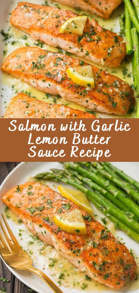 Salmon with Garlic Lemon Butter Sauce Recipe - Cheff Recipes Simple Date Night Dinner, Salmon Lemon Butter, Lemon Sauce For Salmon, Salmon With Lemon Butter Sauce, Salmon Sauce Recipes, Garlic Lemon Butter Sauce, Lemon Butter Salmon, Salmon With Lemon, Salmon Recipes Baked Healthy