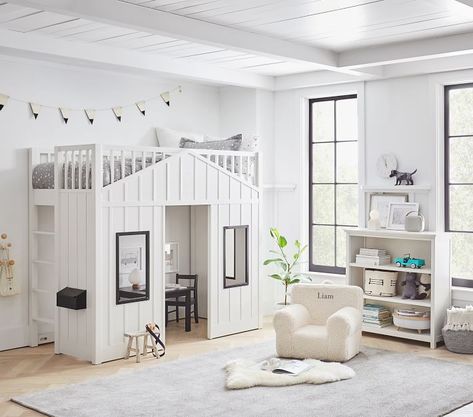 Modern Farmhouse Kids Bedroom, Mountain Basement, Modern Farmhouse Loft, Farmhouse Loft, Extra Wide Dresser, Kids Armchair, Cool Bunk Beds, Study Furniture, Toddler Beds