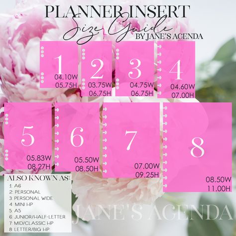 Planner Insert Size Guide by Jane's Agenda helps you select the correct planner inserts for you planner. Featuring sizes of A6, personal, personal wide, mini discbound, A5 planners, junior discbound, Classic Happy Planner, and letter size discbound.  Inserts and accessories for all eight planner sizes available at JanesAgenda.com Weekly Planner Inserts, Discbound Planner, Happy Planner Layout, Mini Planner, Classic Happy Planner, Refillable Planner, Family Planner, Mini Happy Planner, Planner Spread