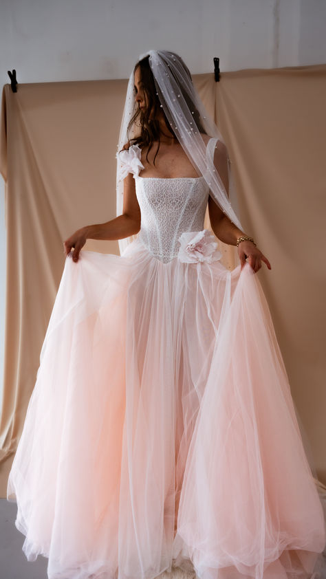 Light Pink Blush Floral Wedding Dress Dropped Basque Waist Corset Tulle Skirt Bridal Gown 2024 Pinkish White Wedding Dress, Salmon Pink Wedding Dress, Wedding Corset And Skirt, White Wedding Dress With Pink Accents, Pink Blush Wedding Dress, Pastel Pink Wedding Dress, Soft Pink Wedding Dress, River Nymph, Baby Pink Wedding Dress