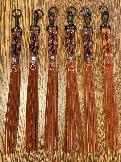 Leather Fringe Keychain Diy, Leather Tuscadero, Leather Holster Pattern, Leather Charms, Apache Junction Arizona, Handmade Leather Work, Leather Tassel Keychain, Twisted Ribbons, Apache Junction