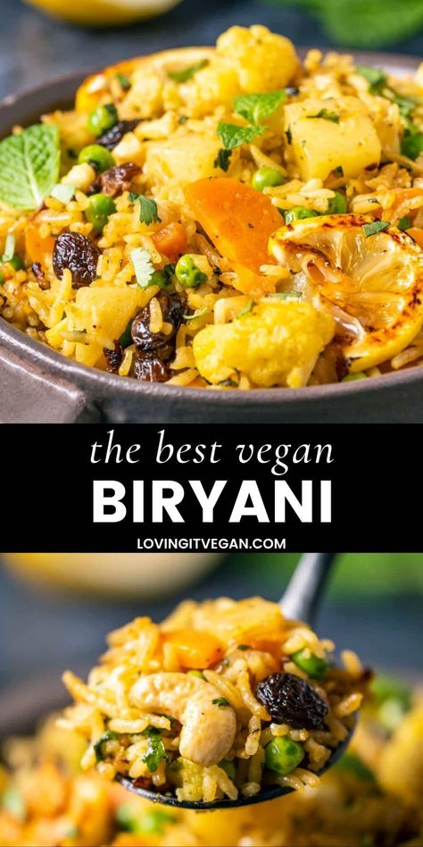 This vegan biryani is flavorful and fragrant and made in one pot with vegetables, rice and Indian spices. Easy to make and utterly delicious! | lovingitvegan.com Vegan Biryani, China Wok, Meatless Entrees, Vegetable Biryani Recipe, Vegetable Biryani, Vegan Indian Recipes, Vegan Main Dishes, Global Cuisine, Tasty Vegetarian Recipes