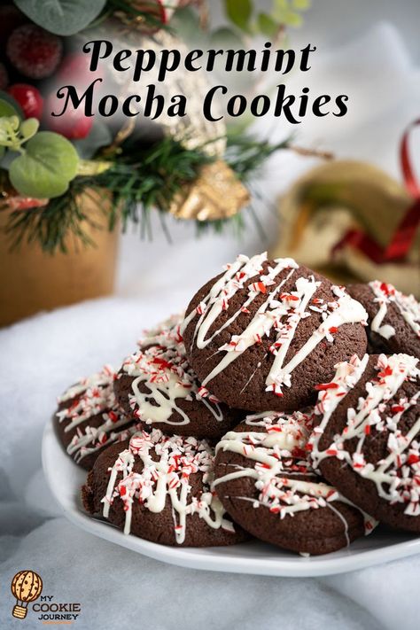 Chocolate espresso cookies with white chocolate drizzle and crushed peppermint on top. Peppermint Mocha Cookies, Recipe Inspirations, Mocha Cookies, Chocolate Peppermint Cookies, Peppermint Chocolate, Espresso Cookie, Peppermint Cookies, Favorite Dessert Recipes, Chocolate Wafers