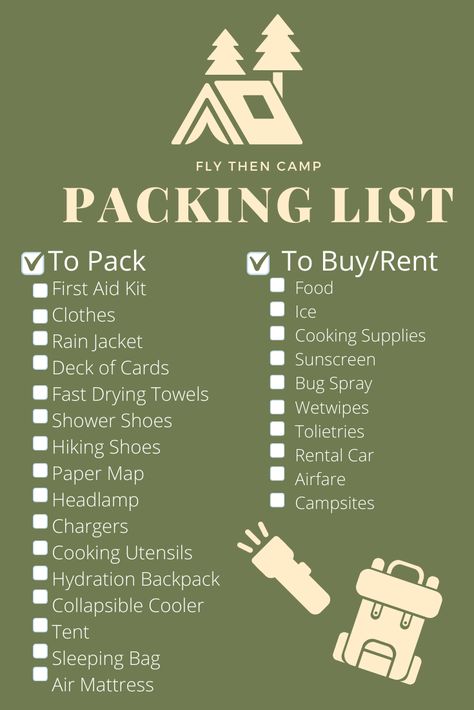 Flying to your camping destination? Don't go without taking a look at this printable checklist first. Everything you need to know before you fly and camp. Including tips on how to efficiently pack your luggage for your flight. #travel #packinglist #camping Clothes Checklist, Camping Equipment List, Camping Packing Hacks, Fall Camping Outfits, Women Hiking Outfit, Summer Camp Packing, Must Have Camping Gear, Backpacking Checklist, Camping Gear List