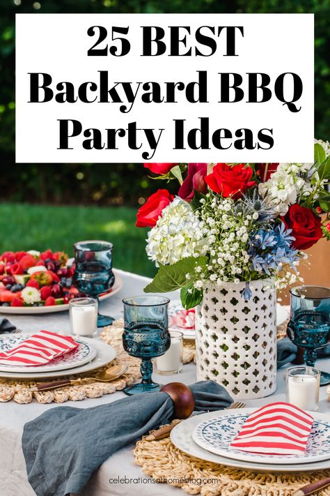 outdoor dinner party table with red and blue decoration. Backyard Bbq Party Setup Ideas, Backyard Bbq Decor, Cookout Birthday Party Ideas, Bbq Party Ideas Decorations, Bbq Set Up Ideas, Fancy Bbq Party, Cookout Party Ideas, Backyard Cookout Party, Bbq Birthday Party Ideas