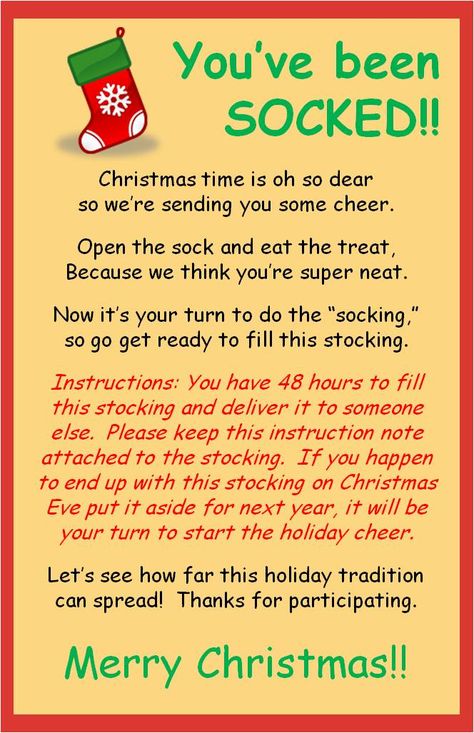 Print this cute handout, jaminate it, attach it permanently to a Christmas stocking.  You can buy stockings from the dollar store.  Put a simple treat inside and leave it for a friend or neighbor as a surprise.  They can pay it forward with a different treat. You've Been Socked, Youve Been Socked, Prize Ideas, Christmas Service, Centerpiece Christmas, Sweater Ideas, Volunteer Work, Navidad Diy, Christmas Party Games